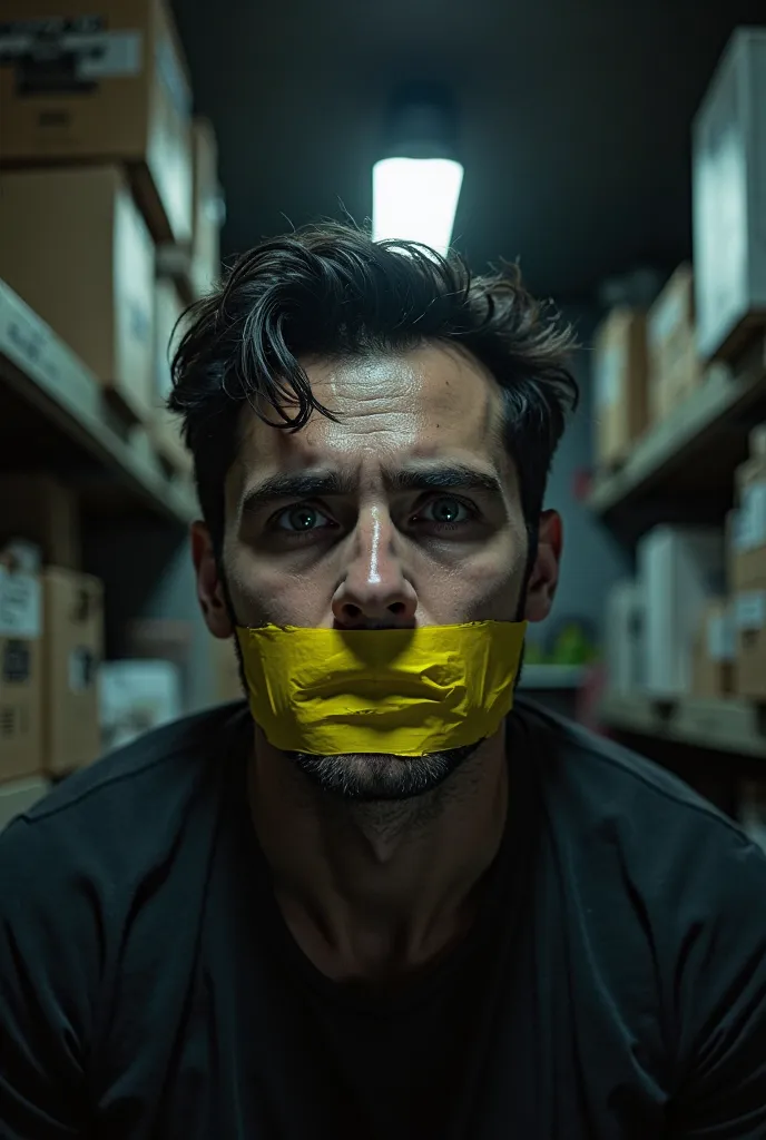 handsome serbian man,black hair,in a storage room with a wincing expression.mouth is being taped in yellow,like something is inside,crying.