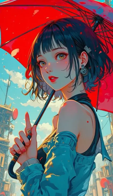  short haired masculine girl,   black hair,  detailed eyes, nose, Lick your lips and ,   light blue dress,Red Umbrella , rain( Top Quality ,4K,8k, Hi-Res,masterpiece:1.2), Super Detail,( realistic,photo realistic,photo- realistic:1.37), Hi-Res, STUDIO LIGH...