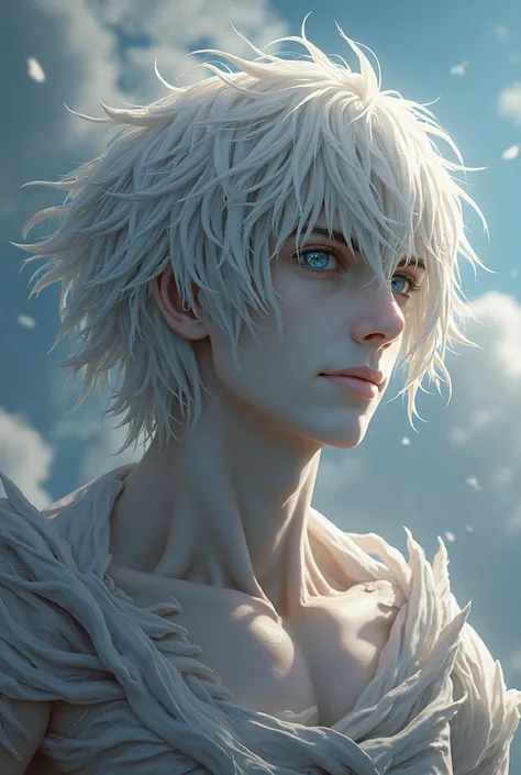 create an image in the style of the attack on Titan anime,
A white-skinned titan. He has medium and white hair and slightly messy, that seem to flutter in the wind. His dark eyes shine with intense light, transmitting a majestic and mysterious presence.

T...