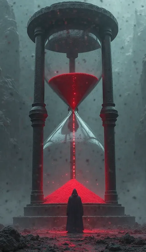 A giant hourglass pouring red sand while a hooded figure watches from the dark.