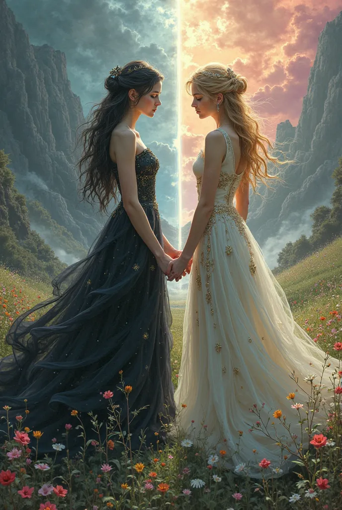 Two young people, daughters of Hades and Persephone, with marked contrasts in their appearance and environment. One of them, with a dark and mysterious presence, has dark hair, blue eyes, and wears a dark dress adorned with details that mimic the texture o...