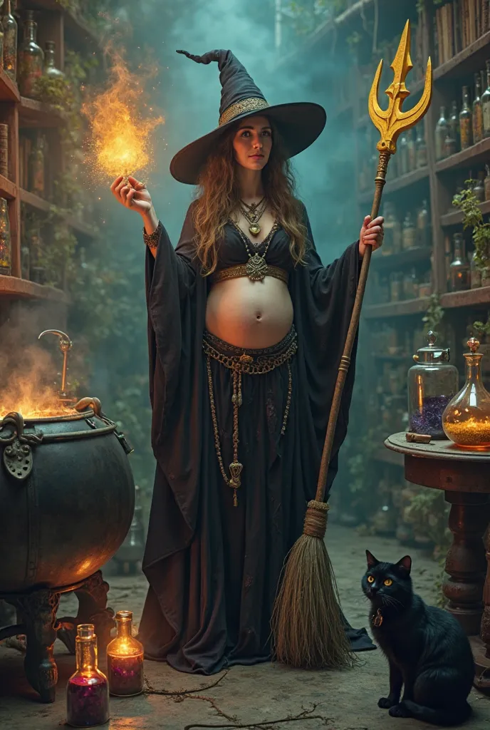 Witch wearing a pointed hat, large cauldron  , broom,  black cat, An owl in a corner with a pregnant woman full of concoctions, flasks containing multi-colored substances, plus a shelf with books, room shrouded in a soft mysterious mist, The witch with a l...