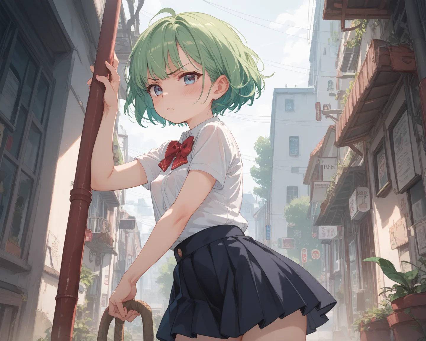 ,very angry, the green hair, short hair, a girl, Alone, short hair, green hair, small breasts, blush, skirt,  visible vagina, seen from behind