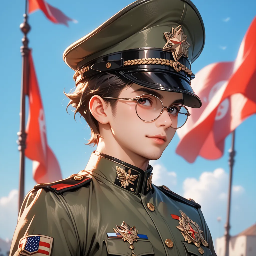 This young man around 22，Wearing a formal military uniform and a green military hat（There is a star on the brim of his hat），The eyes are firm and focused。He respects standard military ceremonies，Behind it is a red flag with five stars flying in the wind。mi...