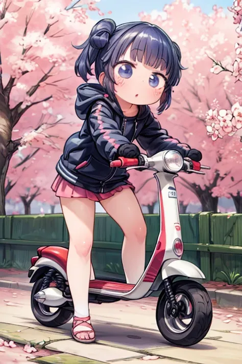 cute girl，     Anime Girl  ，Ride a small scooter，   Hi-Res   ，spring，cherry blossoms並木，cherry blossoms，down jacket ，   exhaustive, 32K，