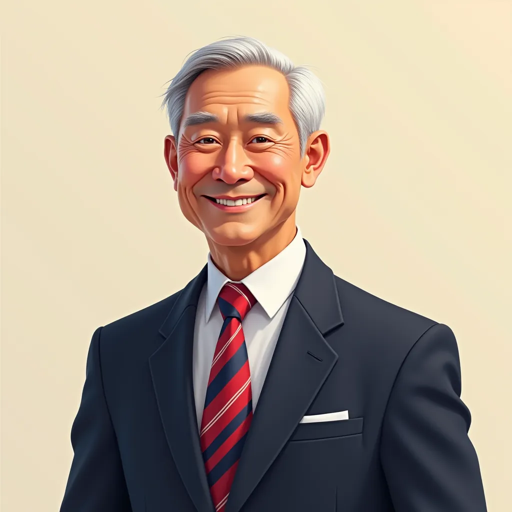 illustrations　company employee　 young　 seventy-three-quarter 　A little gray hair 　Good guy　Buddha　God　is cool　Kind personality　 Smile　upper body　Navy Suit　Red Blue and White Striped Necktie　