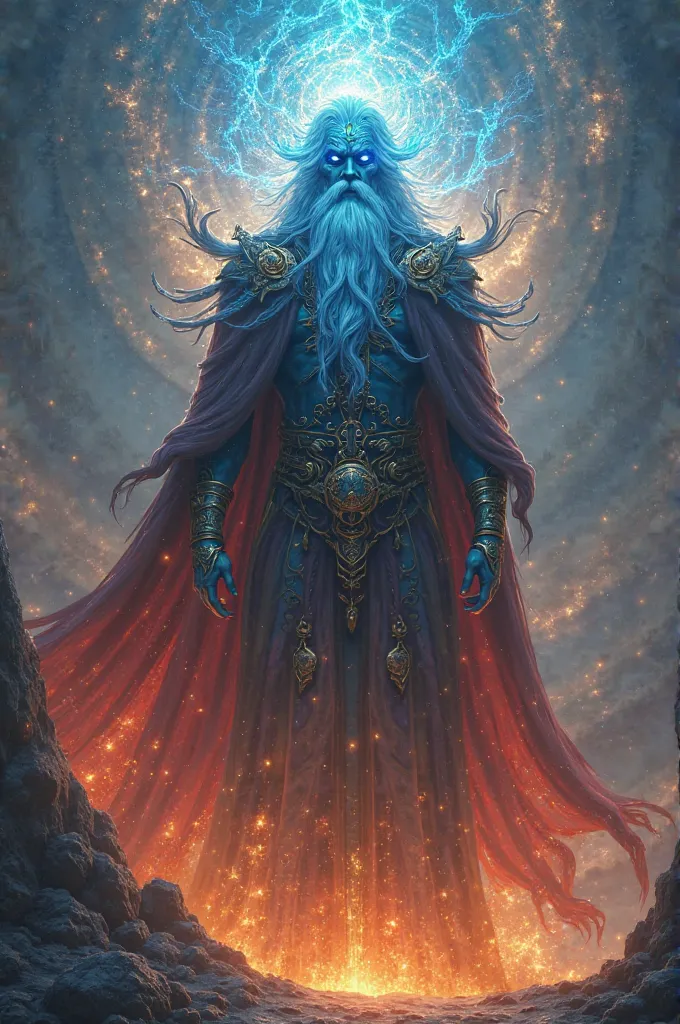 Old powerful God with a fiery blue beard and the irises of his eyes are galaxies 
