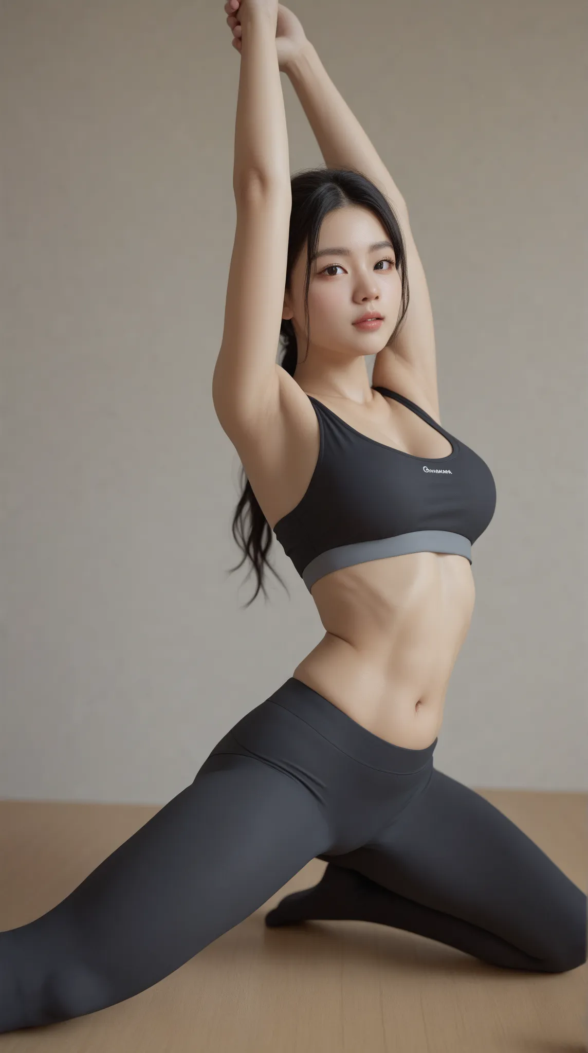 A fit and curvy Korean woman practicing yoga, wearing a sleek, form-fitting sports bra and high-waisted leggings that accentuate her toned yet feminine physique. Her well-defined waist and voluptuous chest create a perfect balance of athleticism and grace....