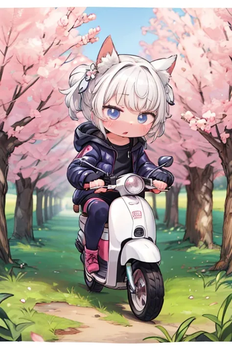 cute girl，     Anime Girl  ，Ride a small scooter，   Hi-Res   ，spring，cherry blossoms並木，cherry blossoms，down jacket ，   exhaustive, 32K，