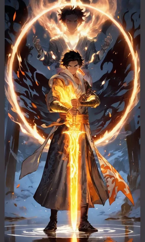 a  beautiful men in a robe holding a sword with flames coming out of it, holding a flaming sword, ciutee sexy in demon slayer art, holy flame spell, wielding a flaming sword, holy fire spell art, lord of cinder, fire!! full body, an epic of a energy man, f...