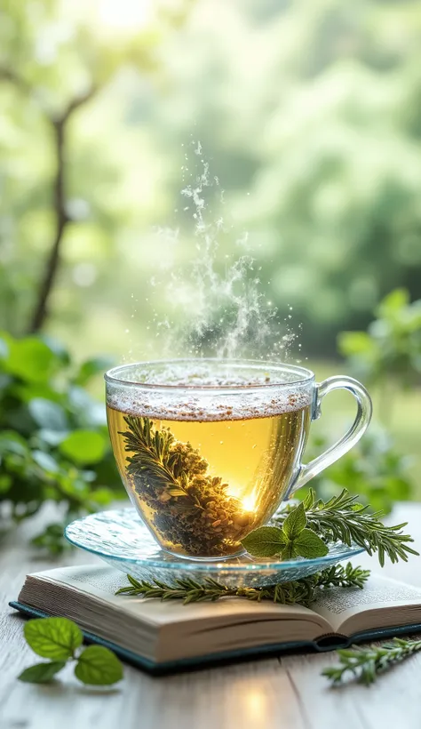 A book cover about natural health, with soft shades of green (emerald, Menta, olive) and beige and white details. in the center, a steaming cup of tea with fresh herbs next to it, like mint and rosemary. Leaves and natural herbs scattered organically arou...