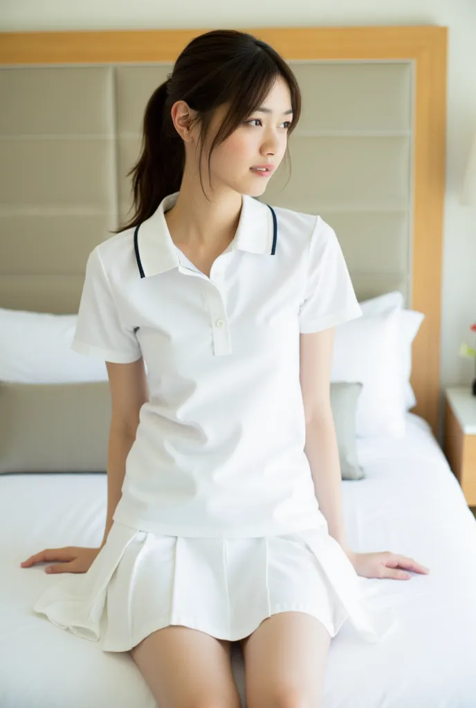 (Masterpiece, Best quality: 1.4), (Ultra realistic, Photo-realistic: 1.3), (nsfw), ((Wearing white tennis uniform, White short-sleeve polo shirt with collar:1.3)), (unbutton), (unbutton polo shirt), ((White pleated tennis skirt: 1.3)), (Wearing white sock:...