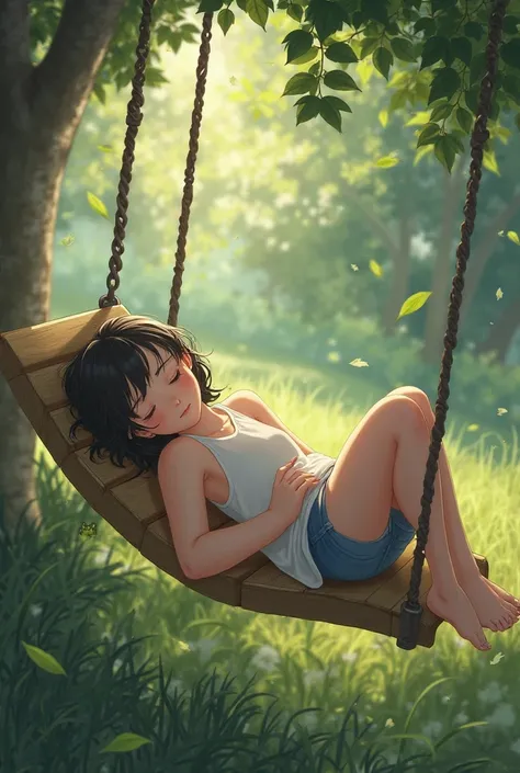 A young girl with a white tank top from Diesol is sleeping on a swing. 