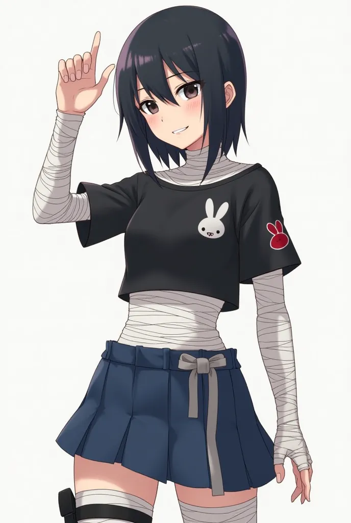   black-haired character ,  black eyes, with the body covered with bandages minus the arms that have them the most covered up to the forearm, with a short black shirt over the bandages a developed body, small waist,  big hip, The rabbit badge on the waist ...