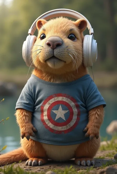 Capybara with Captain America t-shirt and white headphones