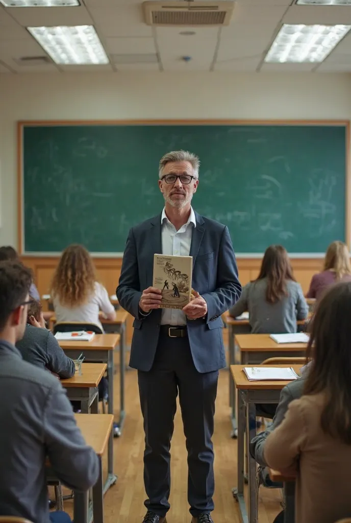 • Wide shot of a modern classroom with wooden desks, a chalkboard, and fluorescent lights.

• Teacher (middle-aged, glasses, suit) stands at the front, holding an evolution textbook.

• Students in casual uniforms look bored—some doodling, slouching, or wh...