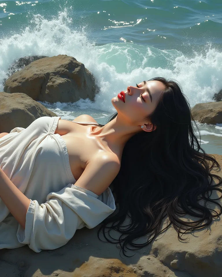 A high-resolution digital painting of a woman reclining on a rocky shoreline. Her long, dark hair cascades over the jagged stones as she leans back, her white linen shirt slipping off her shoulders. The ocean waves crash gently behind her, their mist creat...