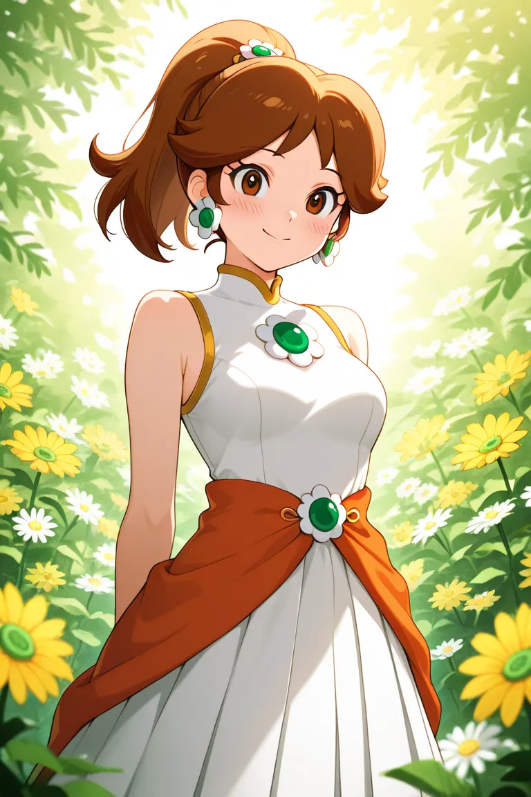 Princess Daisy, sexy, as an anime girl with dark red brown hair in a ponytail 