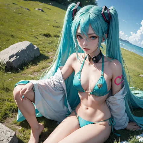 Hatsune Miku Metal Nipple Patch Bikini, Open Thighs, Chest Contour, Full Bare, Body Rarely Obscures Grass