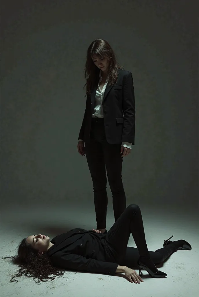 Create a woman in a black suit and high heels lying down and crushed and a woman standing looking at the woman in the suit 