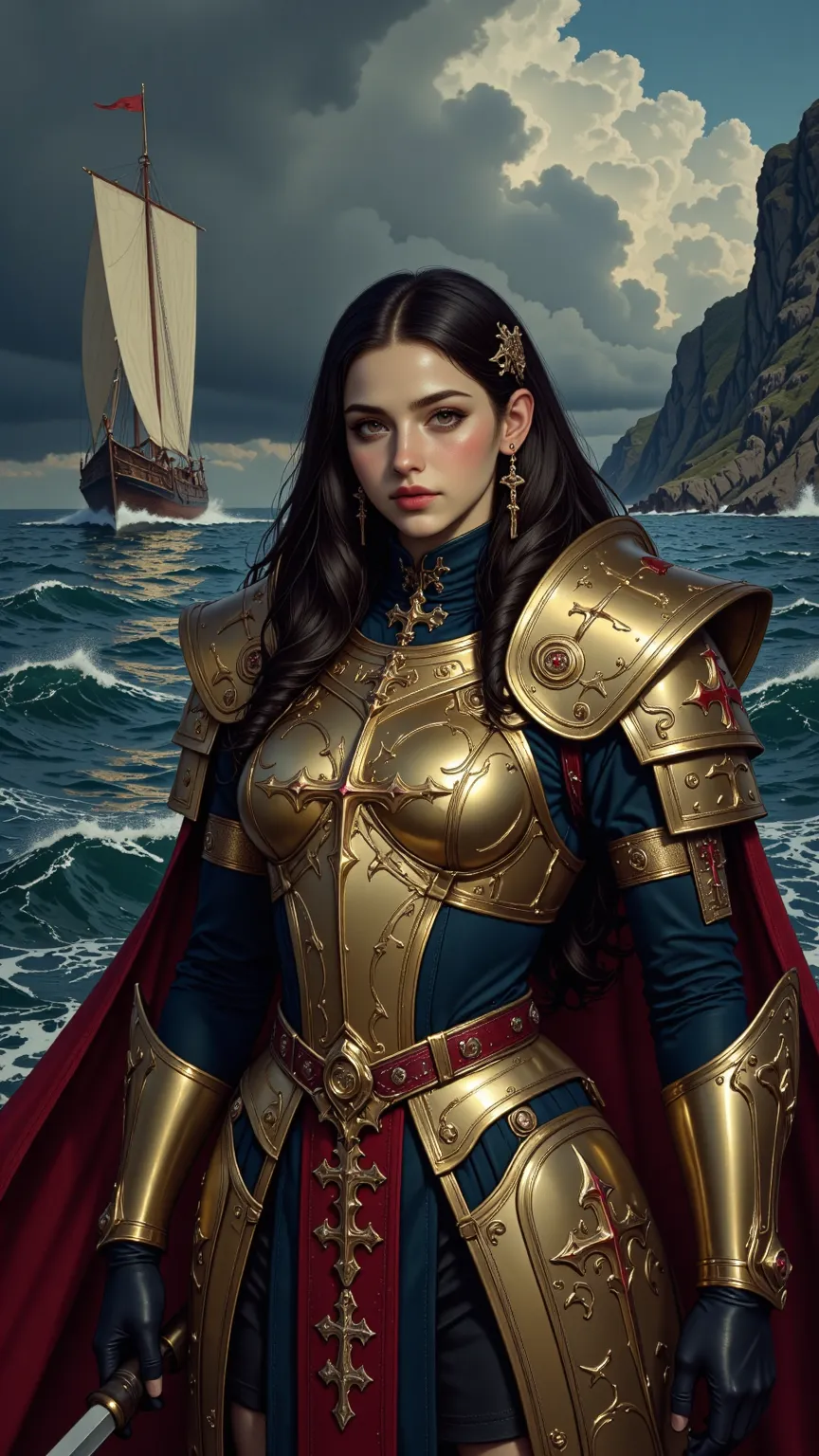 An epic realistic scene，A giant sailboat wades through the vast and gloomy ocean，A towering mast forms a high horse's mane，Attractive red eyes are eye-catching，a beautiful woman with sharp eyes and dressed in elegant and ferocious gold armor，placed on the ...