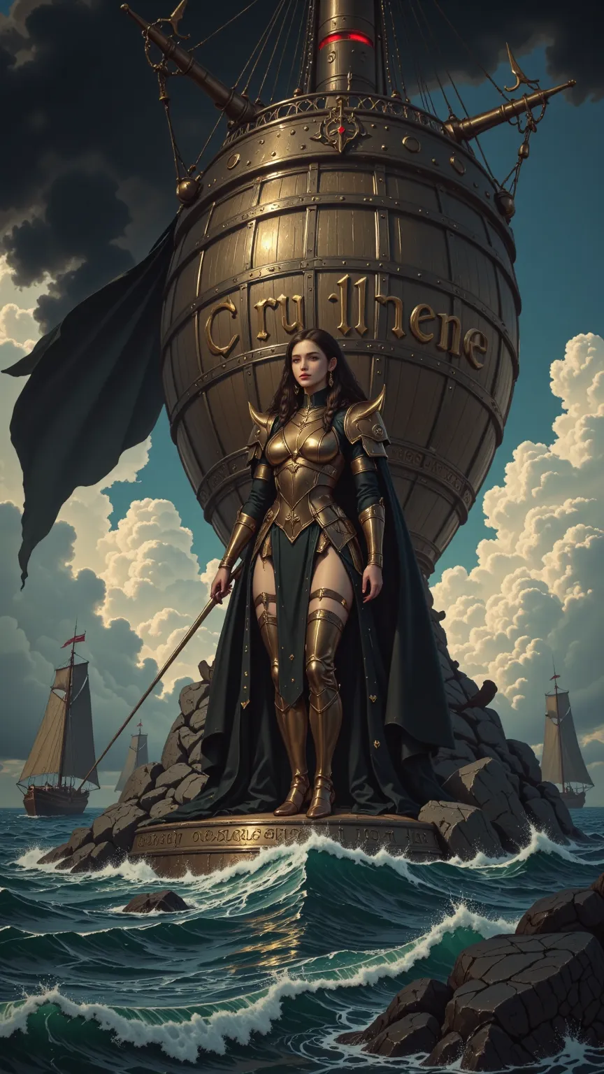 An epic realistic scene，A giant sailboat wades through the vast and gloomy ocean，A towering mast forms a high horse's mane，Attractive red eyes are eye-catching，a beautiful woman with sharp eyes and dressed in elegant and ferocious gold armor，placed on the ...