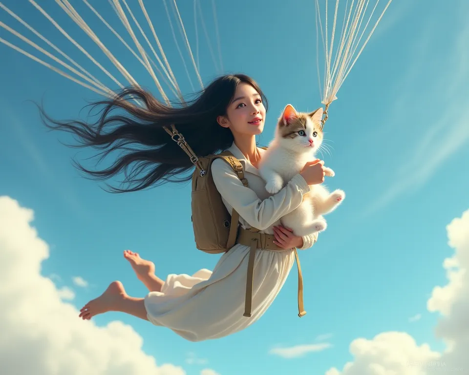  young woman, WITH LONG BLACK AND WAVY HAIR, PARACHUTING WITH HER WHITE KITTEN WITH BROWN SPOTS