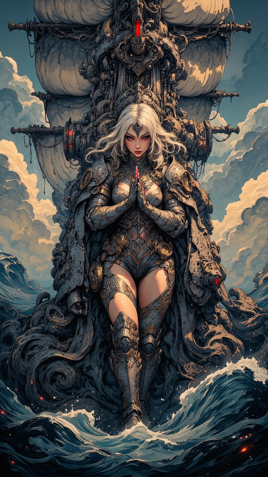 An epic realistic scene，A giant sailboat wades through the vast and gloomy ocean，A towering mast forms a high horse's mane，Attractive red eyes are eye-catching，a beautiful woman with sharp eyes and dressed in elegant and ferocious gold armor，placed on the ...