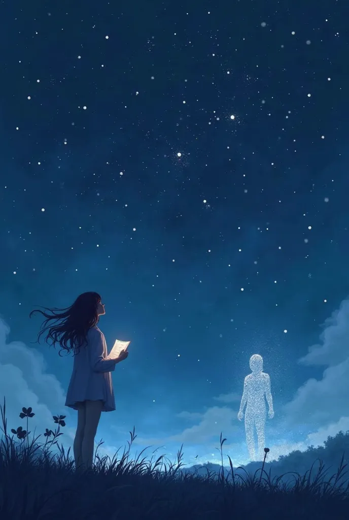 "A melancholic scene of a person standing alone under a vast night sky, gazing up at the glowing stars. A soft breeze moves their hair as they hold a letter or reach out toward the sky, symbolizing longing. In the background, a faint, ethereal figure made ...