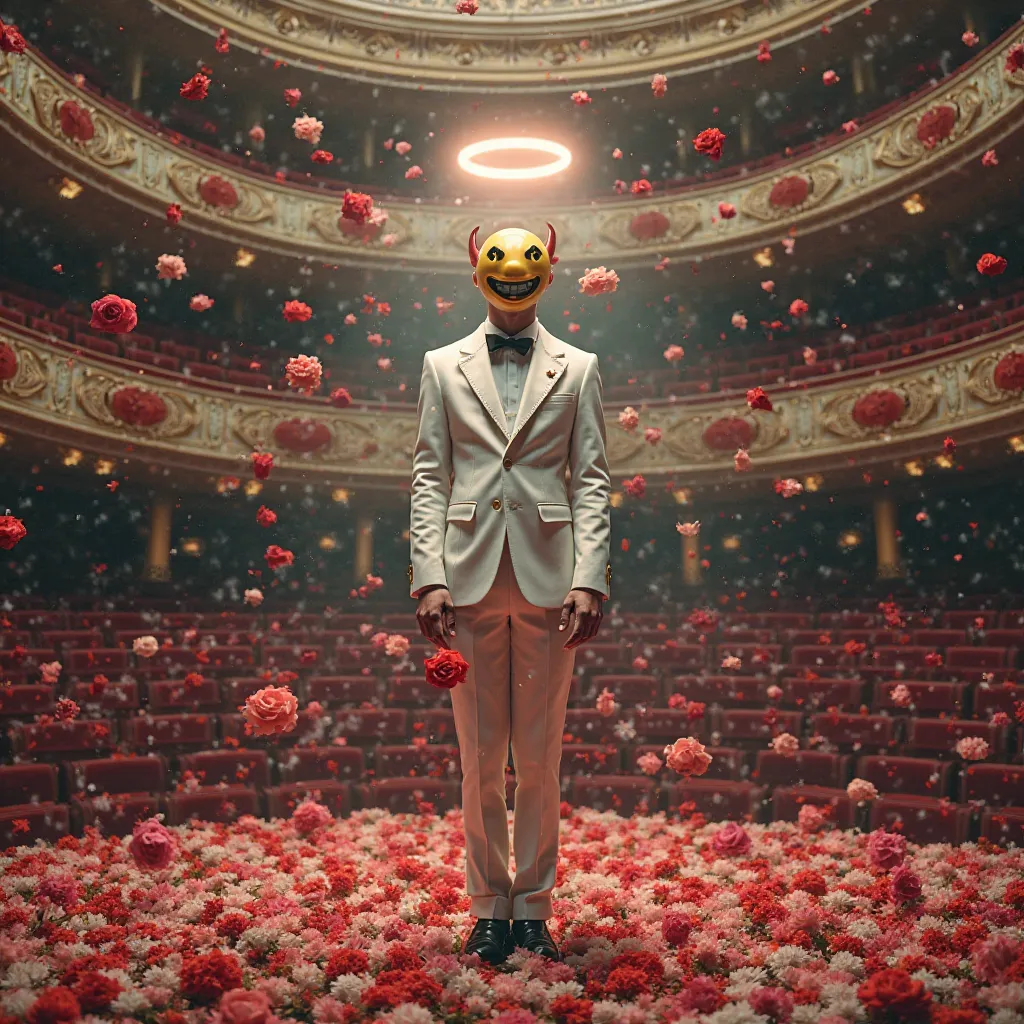 A man with a white suit wearing a smiley face mask and has a red devil tail and on his head there is the angel ring in an opera theater and flowers are being thrown on him 