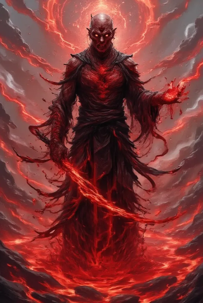 This image depicts the ultra detailed large bald demon cultivator with three heads red skin and a third eye on each head who uses a divine lightning-spear technique wearing traditional chinese clothing and armor made of black and red blood. In the backgrou...