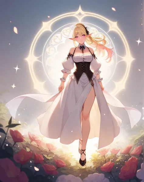 A fantasy anime girl, long blonde hair with pink highlights, elf ears, wearing a detailed gothic dress with ruffles and golden accents, pink eyes, fantasy-style outfit, intricate accessories, soft lighting, standing pose, high detail Standing in a magical ...