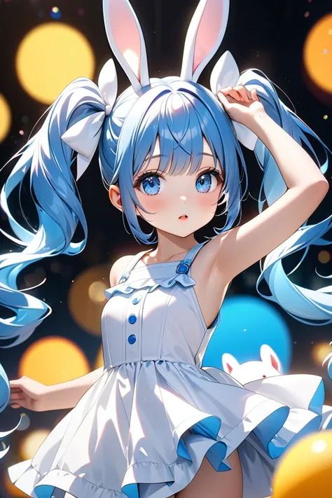 High Quality Op Art Abstract Girl、Twin Tails with Blue Hair、Blue Eyes、cute white and light blue dress、White High Cut Sneakers、White Rabbit Next to Me、Raise Your Hands and Look at the Sky、Anatomically Accurate Shapes of Human and Animal、Professionalなアートワーク、...