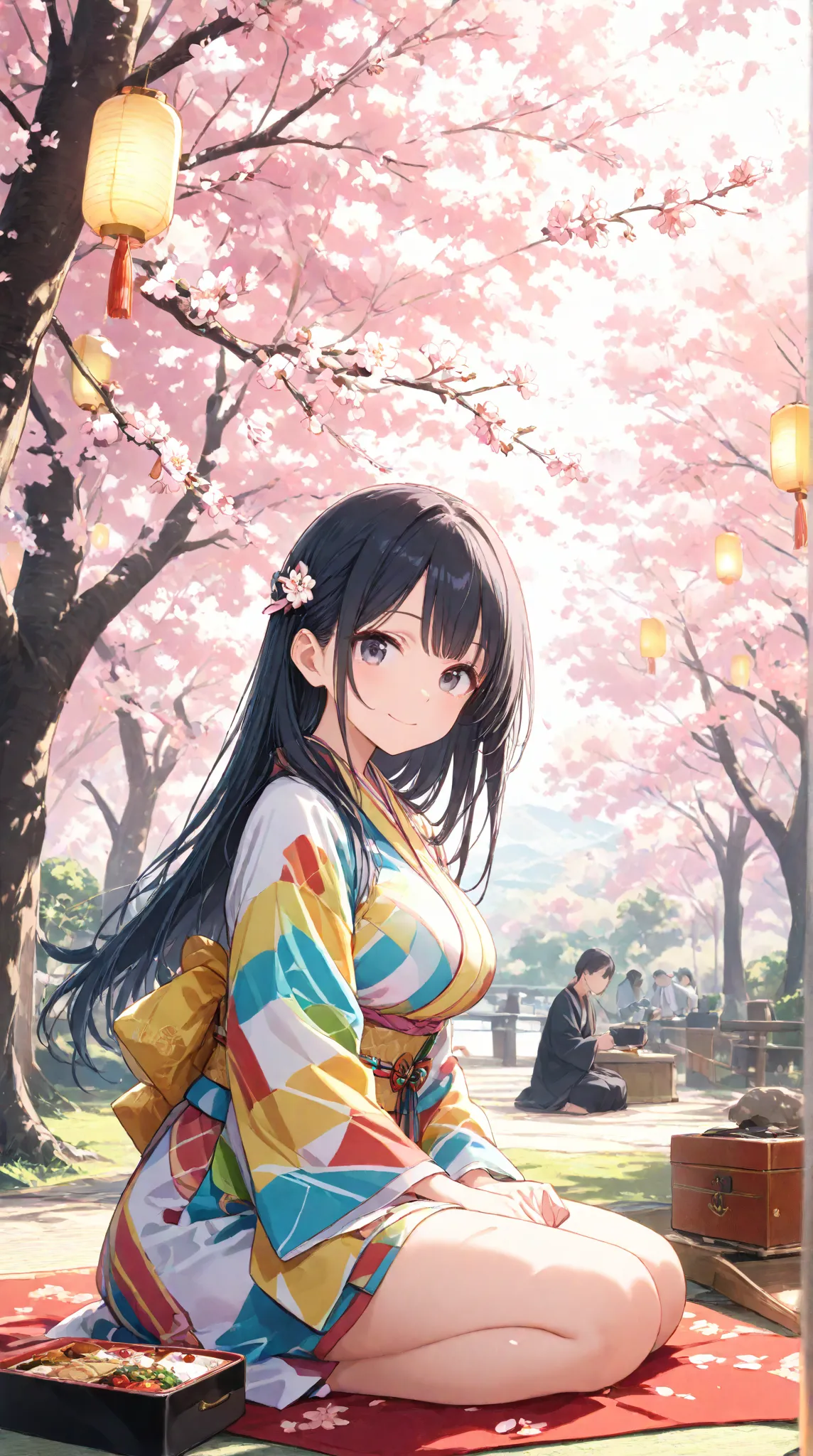 masterpiece,large breasts, long hair, (black hair1.5) , bangs, （1girl1.5）、Blue hairs ornament, 18 years old、breast focus、looking at viewer，full body，(),Luxury House、Smile 

cherry blossom viewing, sakura trees in full bloom, pink petals falling gently, peo...