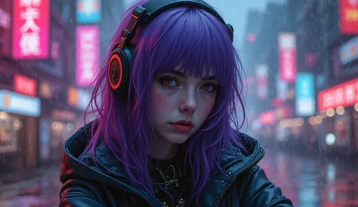 Cyberpunk girl with purple hair and with headphones looking at us, sitting from from some distance, neon ambient wih dark mood, apocaliptic scraps of robots around her, the girl's hair should move as if the wind is passing slowly in a rainy day. 