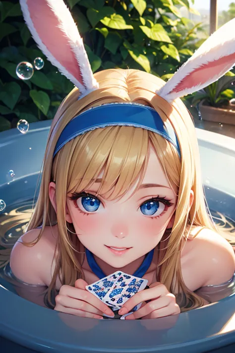 Highest quality,  super high definition、(( girl))、 small tits、 Bubble bath、long blonde hair, blue eyes,Bunny ears、Rabbit、Alice、、The body is hidden by bubbles、 blue headband、 PLAYING CARD 