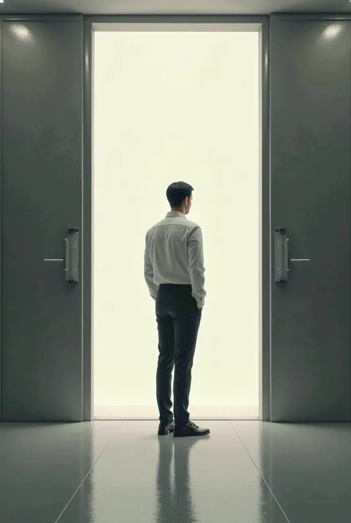 A  person standing between two choices in a office 