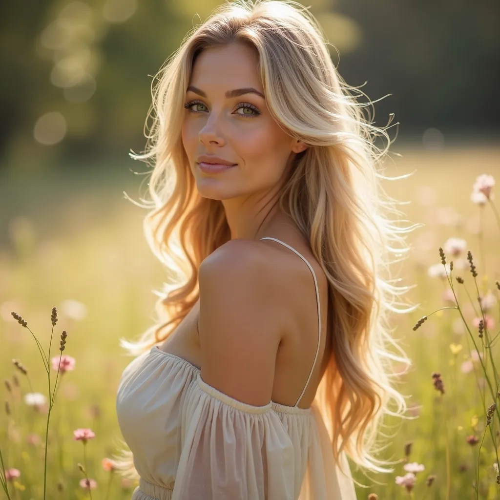 - I want a full-body portrait
- 20-year-old woman
- Long champagne blonde hair
- Natural movement
- Oval face
- Delicate features
- High-quality professional portrait 
- Detailed facial features
- Natural expression
- Peaceful pose
- Outdoor natural settin...