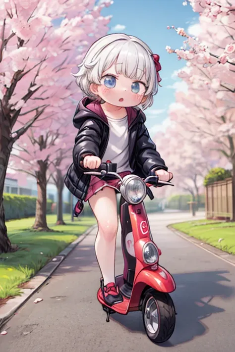 cute girl， Anime Girl，Ride a small scooter，Hi-Res，spring，cherry blossoms並木，cherry blossoms，down jacket ，   exhaustive, 32K，