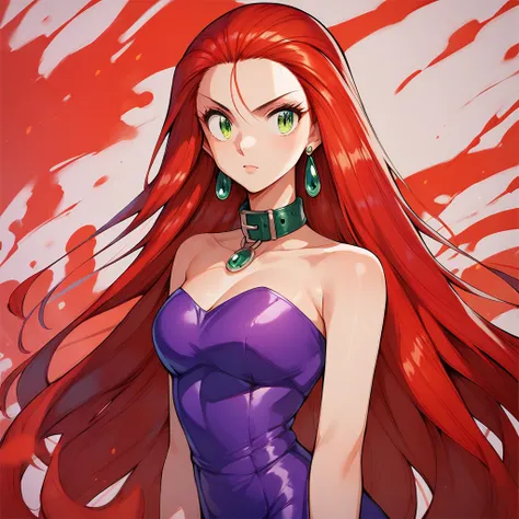 Mikami_Reiko ,  green eyes , red hair, long hair, forehead, earrings, collar, neckline, bare shoulders,  purple dress , Alone, strapless dress, sheath dress,