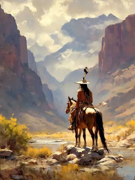  Native American on horseback near a river, High resolution, palette-reffine.