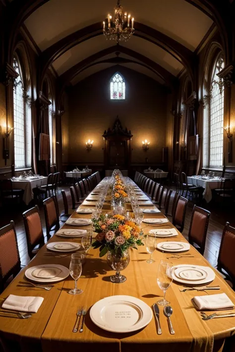 An ostentatious 13th century abbey room, serving a banquet, artificially illuminated with shades of orange