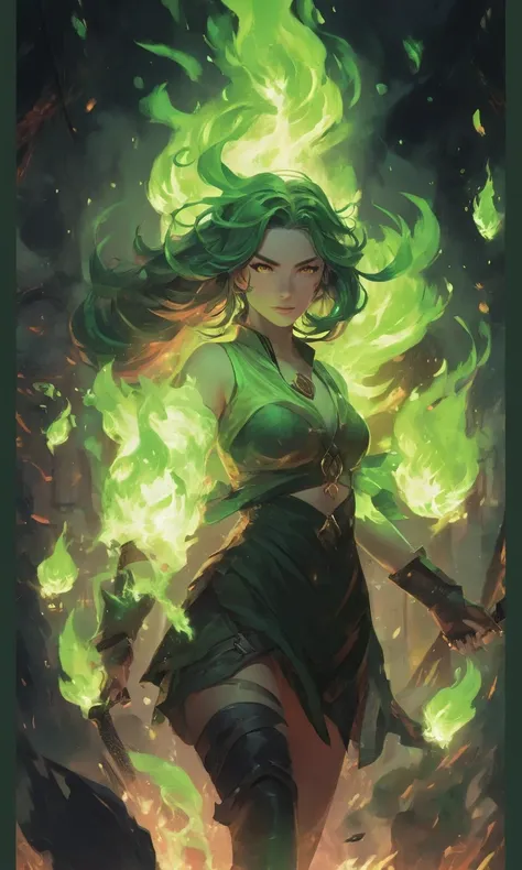 a beautiful woman with green hair and green eyes is surrounded by green fire, artgerm and atey ghailan, holding green fire, green fire, astri lohne,  fantasy illustration, demon slayer artstyle, demon slayer rui fanart, krenz cushart and artgerm, glowing a...