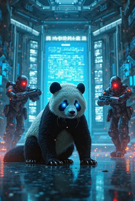 "Inside a high-tech AI command center, illuminated by glowing holographic screens filled with complex digital code. A cybernetic panda with glowing blue eyes crouches before a massive floating firewall display, its sharp metallic claws ready to strike. Beh...