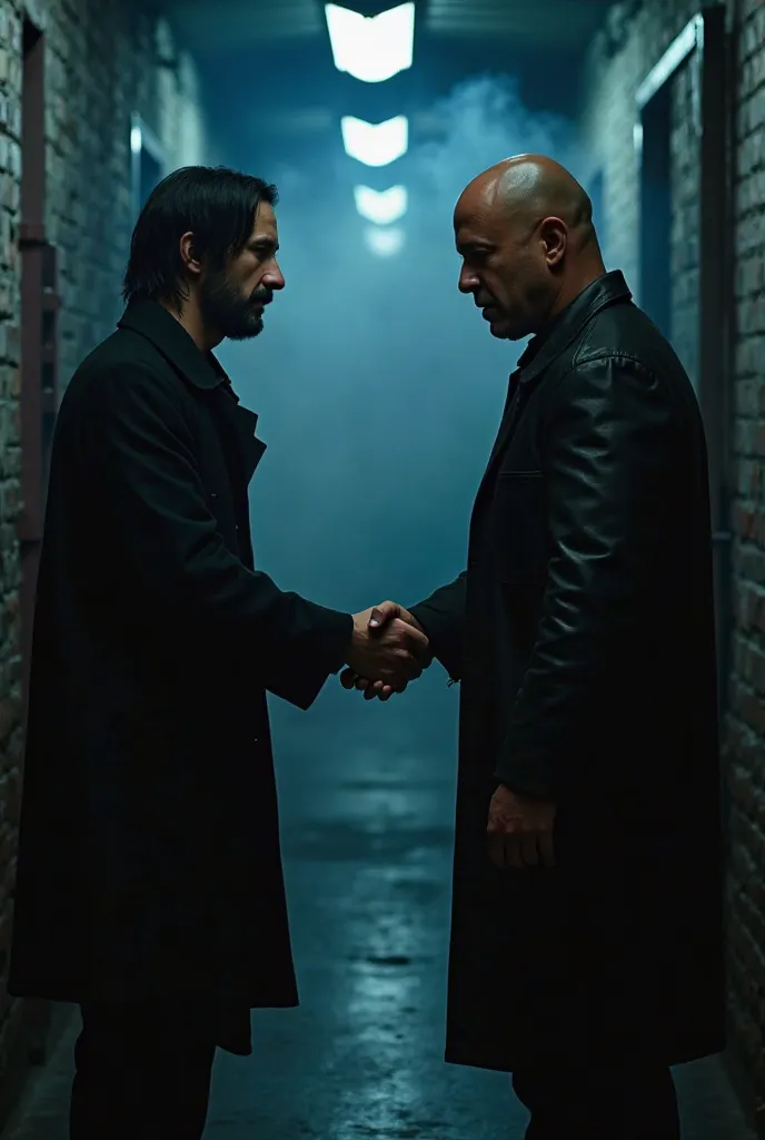 "A cinematic, dramatic scene in a dimly lit alley. Keanu Reeves, wearing a black trench coat, and Vin Diesel, in a black leather jacket, stand face to face. They shake hands firmly, a sealed envelope exchanged between them. The scene is tense, shadowed, an...