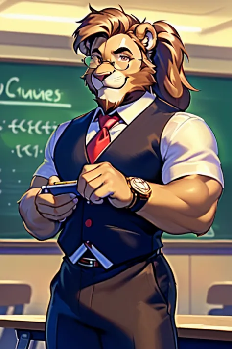 ((best quality)), ((masterpiece)), (detailed), perfect face ((Cornelius is a middle-aged medium anthro muscular brown and tawny lion with a ponytail, feline, male, lion, furry, does not have a lion's mane, big lion man, male, stud, perfect lion face, eyesg...