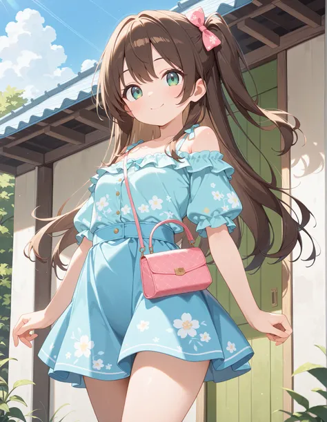 masterpiece, best quality, highres, 1girl, long hair, one side up, solo, ponytail, hair bow, flat breasts ,brown hair, green eyes, bare shoulders, Aqua blue shirt, floral print, short sleeves, off-shoulder shirt, frills, dark blue skirt, cowboy shot, smile...