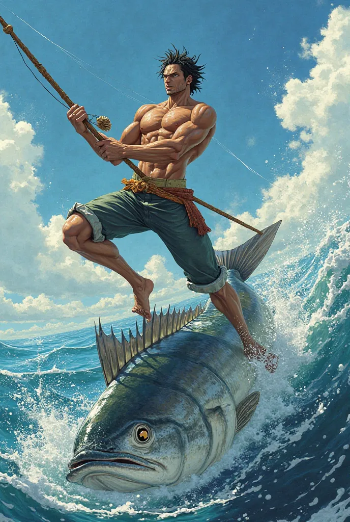 Rorono Zoro stands sideways in his hands holding a rod trying to pull out a huge fish.