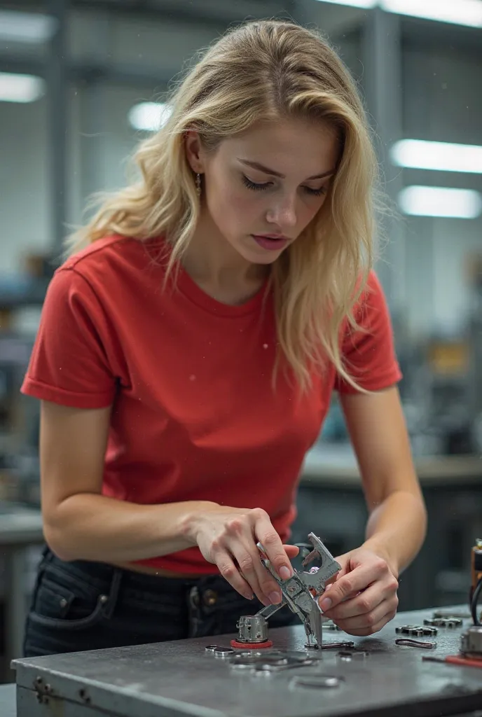 Girl with blonde wavy hair, quality controller in red t-shirt and black pants, measuring with caliper