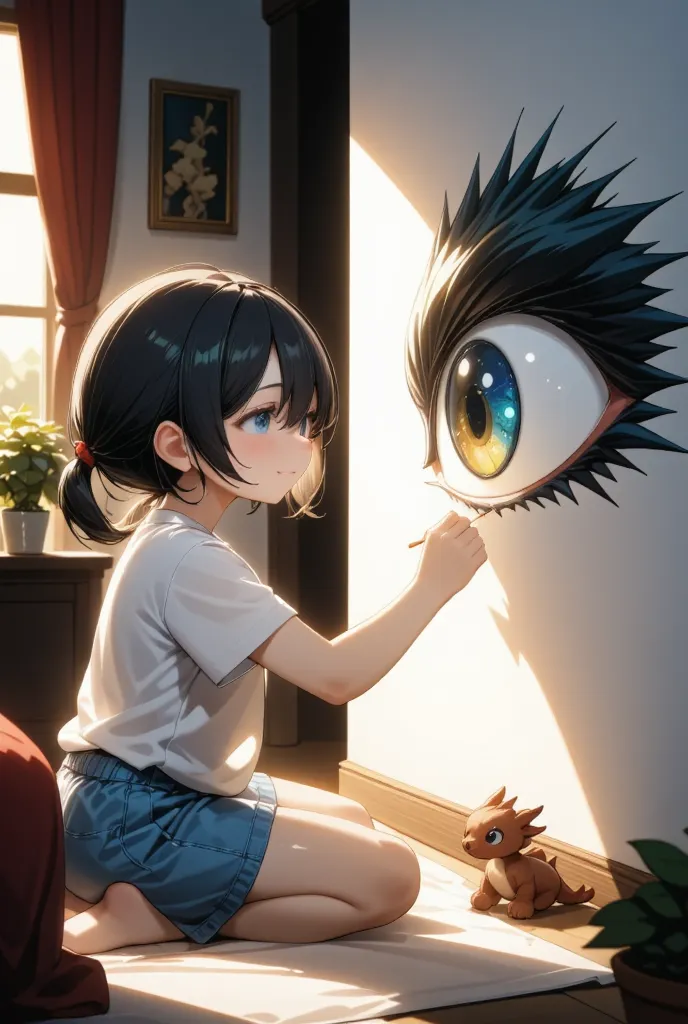 The girl is happily drawing realistic dragon eyes on the wall。A small stuffed dragon is placed on the girl's side。